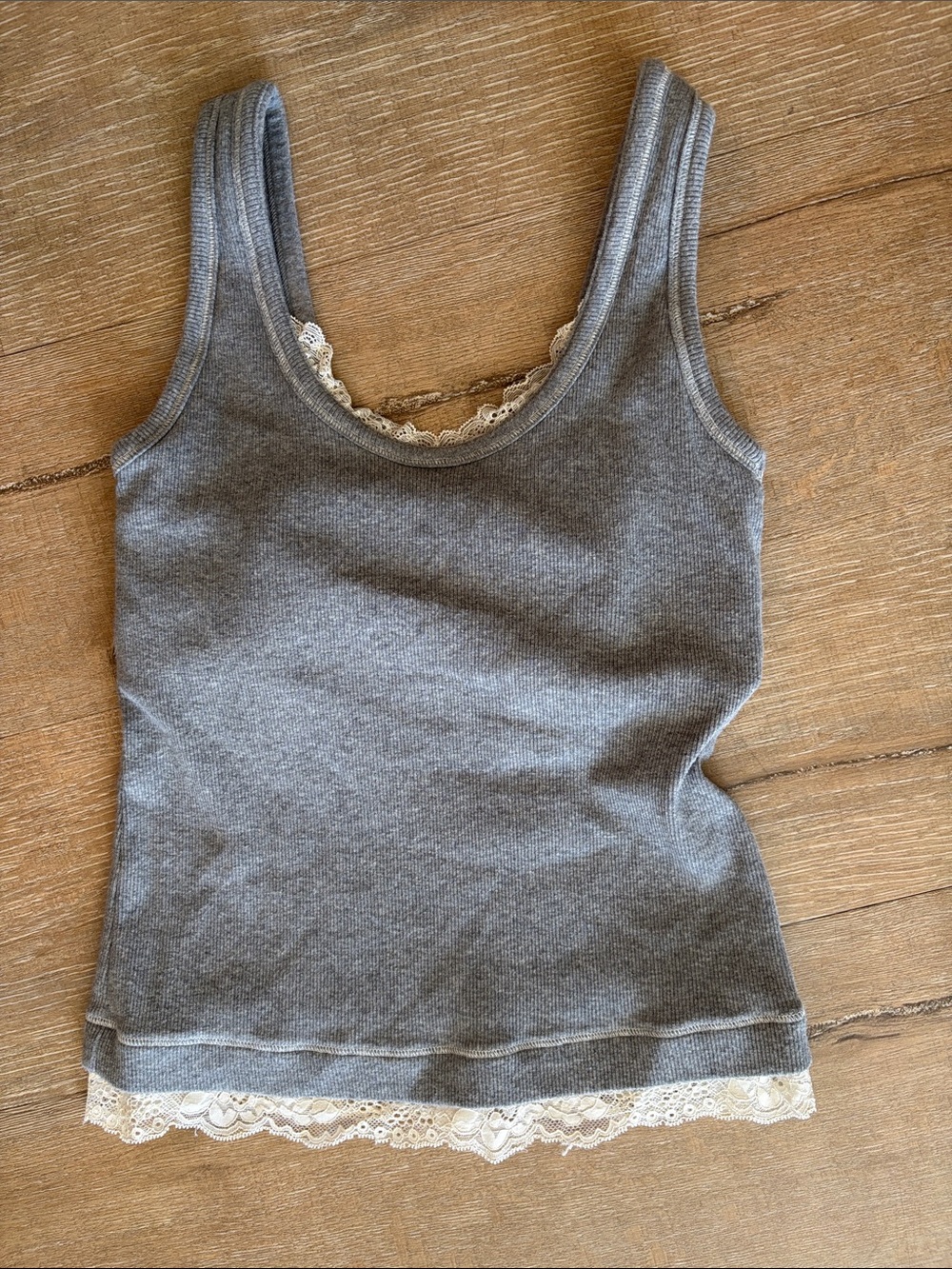 Abercrombie & Fitch bra-free Gray Tank with Cream Lace Trim